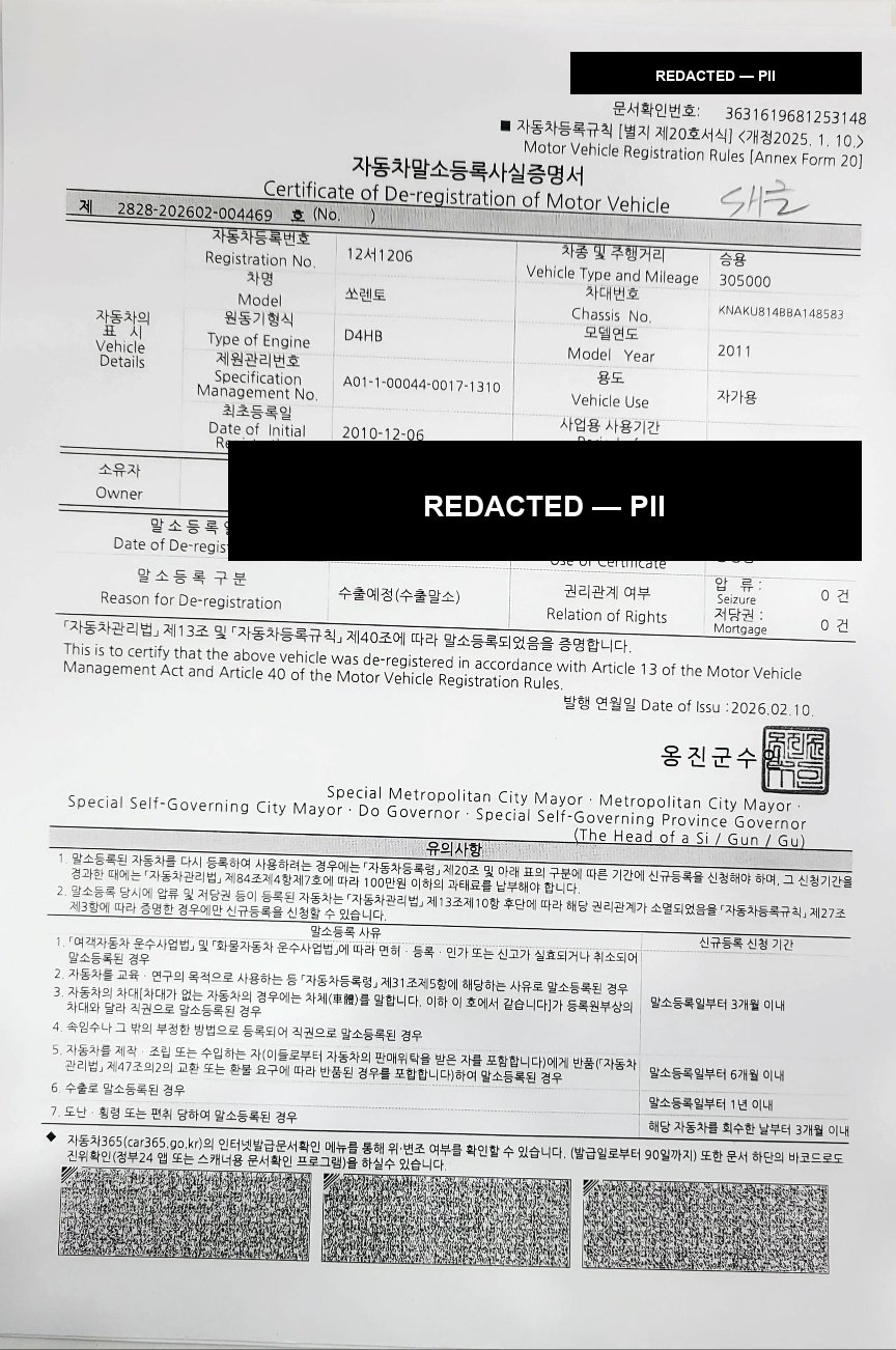 Korean vehicle de-registration certificate for export Kia Sorento
